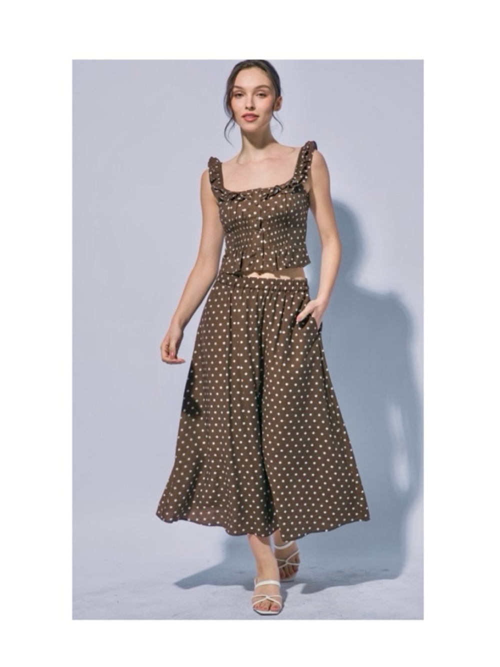 Love Tree Brown Polka Dot Crop Top & Midi Skirt Set